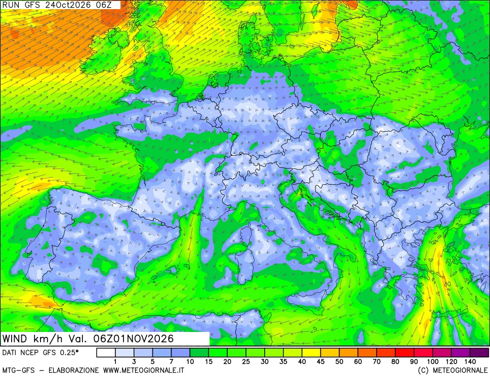 mappa 10 m Vento forza e direzione