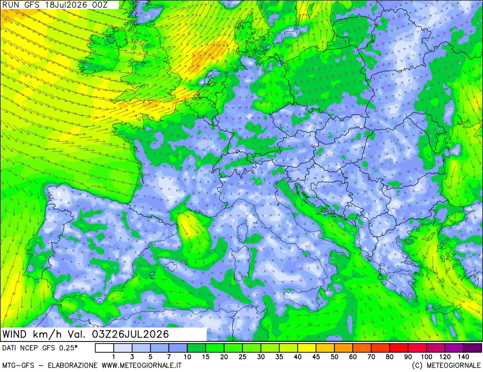 mappa 10 m Vento forza e direzione