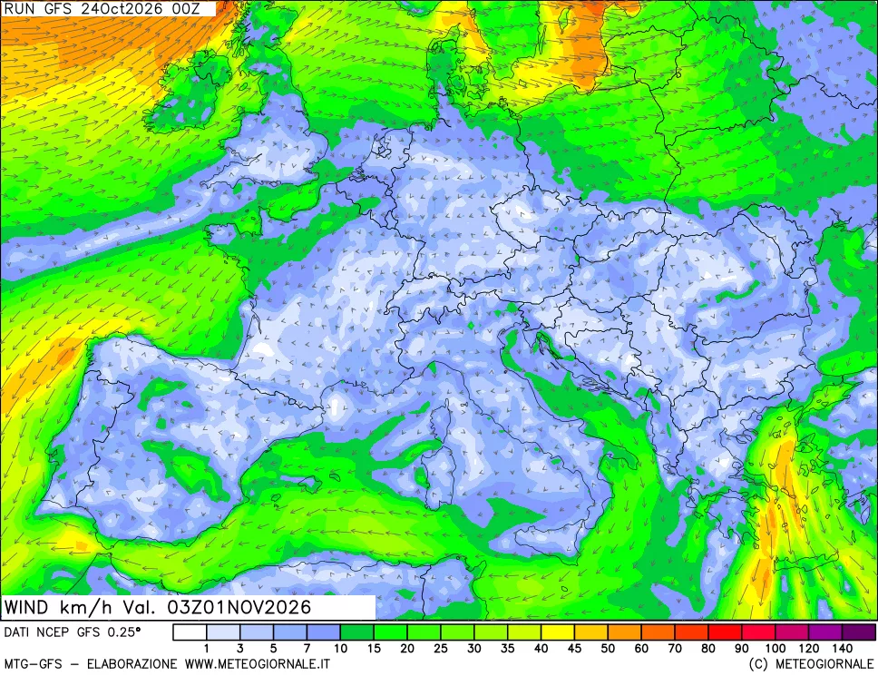 mappa 10 m Vento forza e direzione