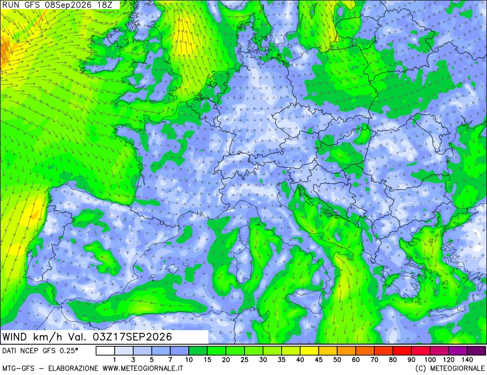 mappa 10 m Vento forza e direzione