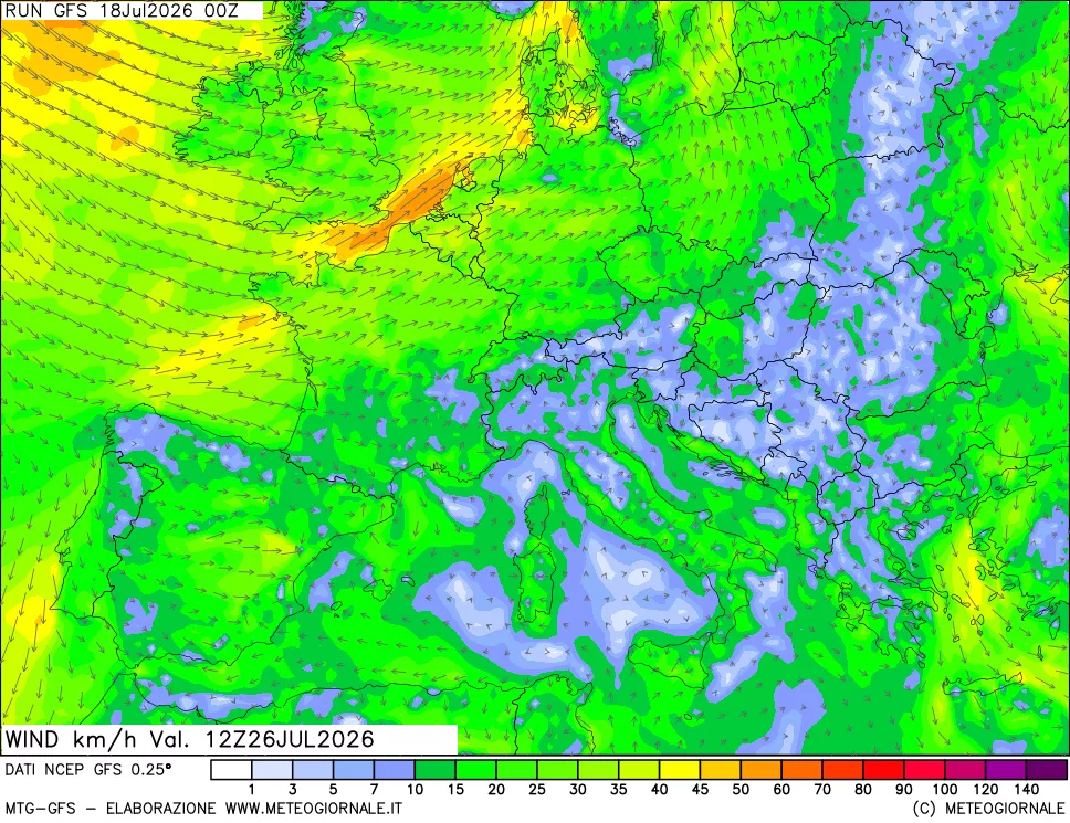 mappa 10 m Vento forza e direzione