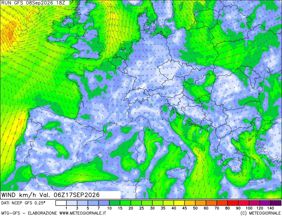 mappa 10 m Vento forza e direzione