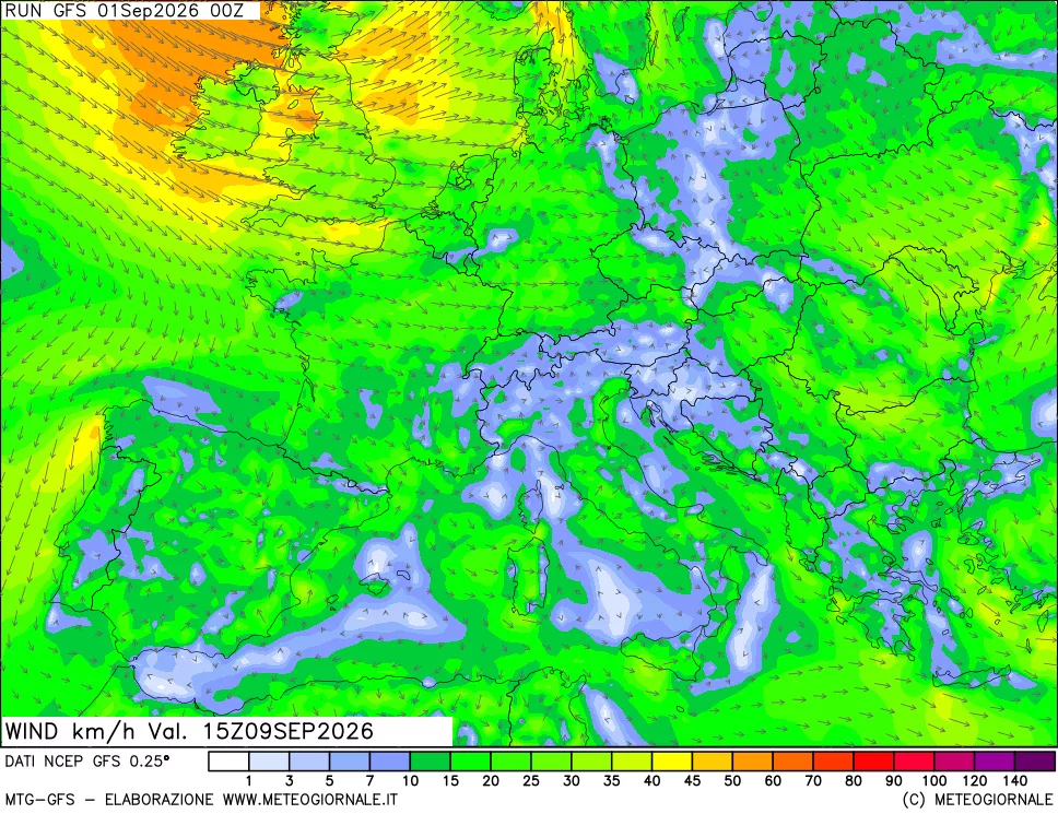 mappa 10 m Vento forza e direzione