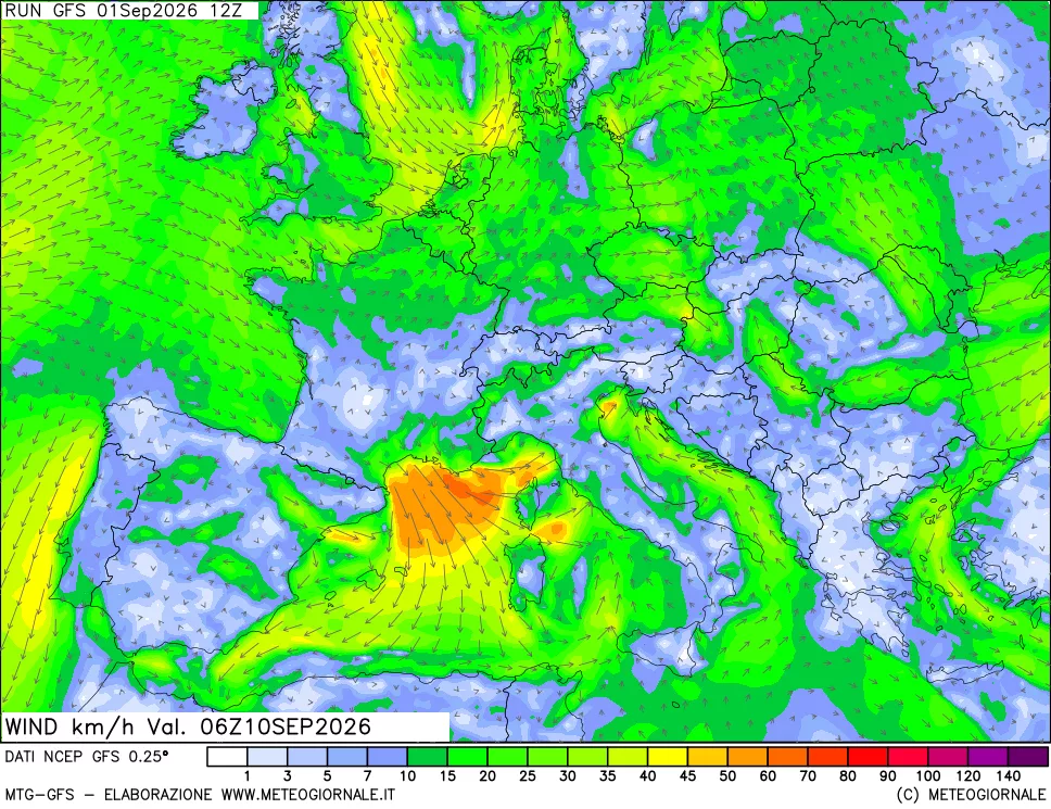 mappa 10 m Vento forza e direzione
