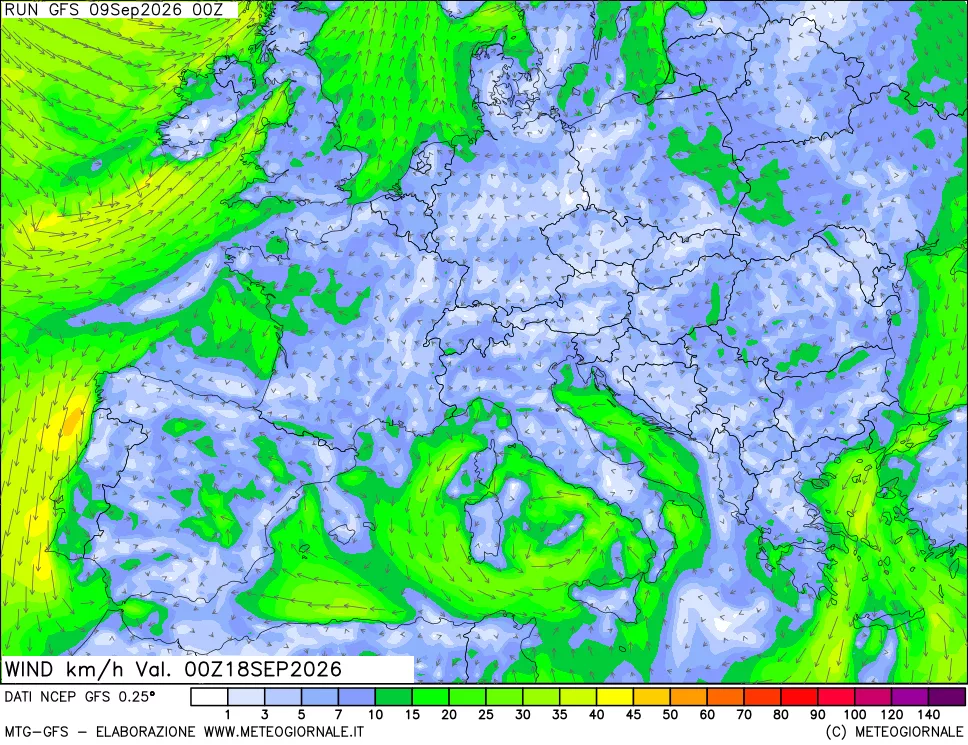 mappa 10 m Vento forza e direzione