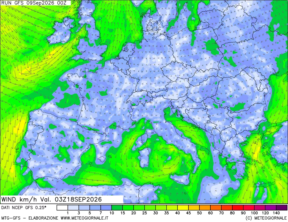 mappa 10 m Vento forza e direzione
