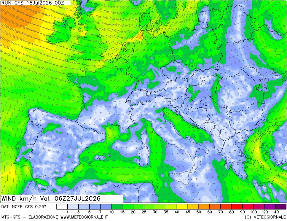 mappa 10 m Vento forza e direzione
