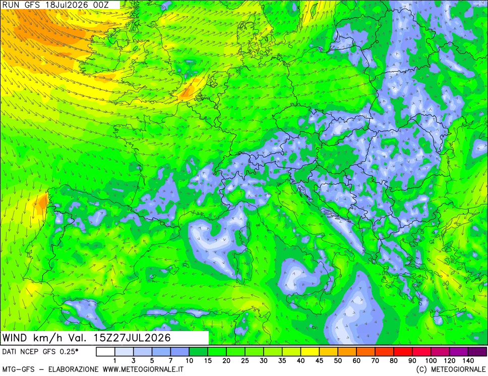 mappa 10 m Vento forza e direzione