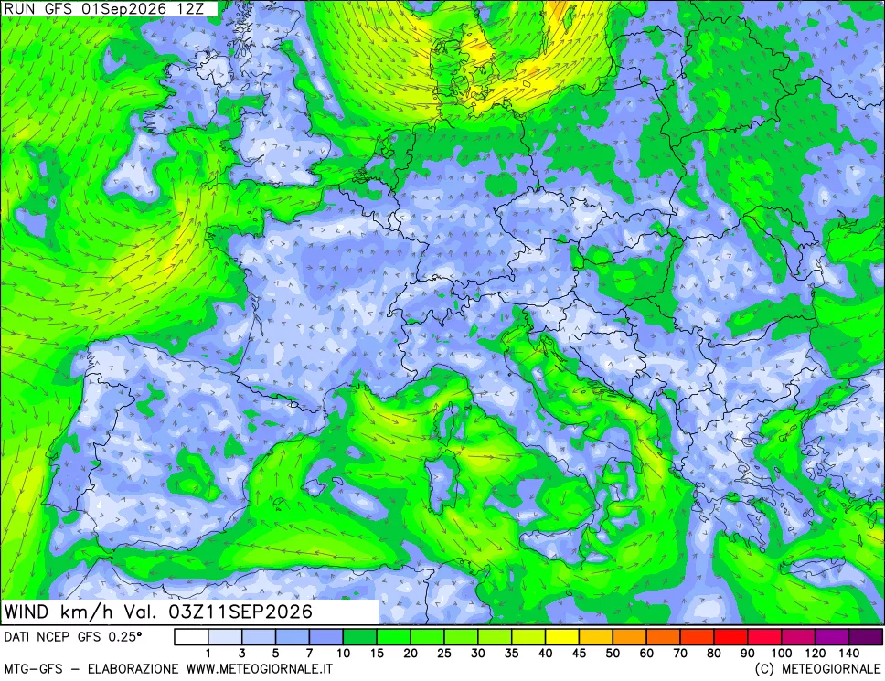 mappa 10 m Vento forza e direzione