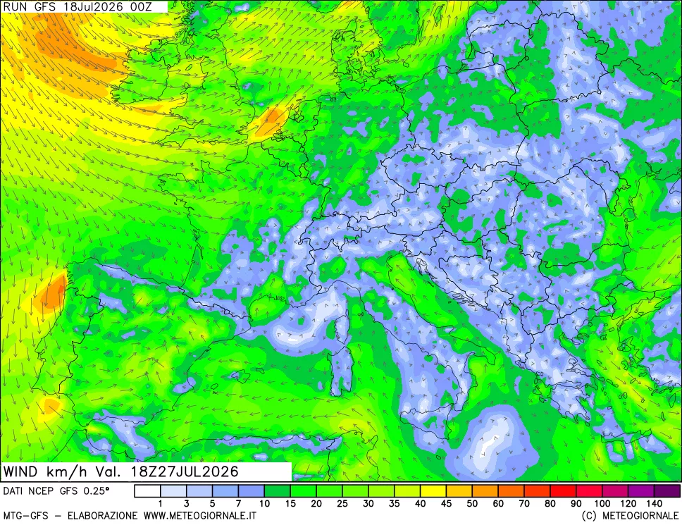 mappa 10 m Vento forza e direzione