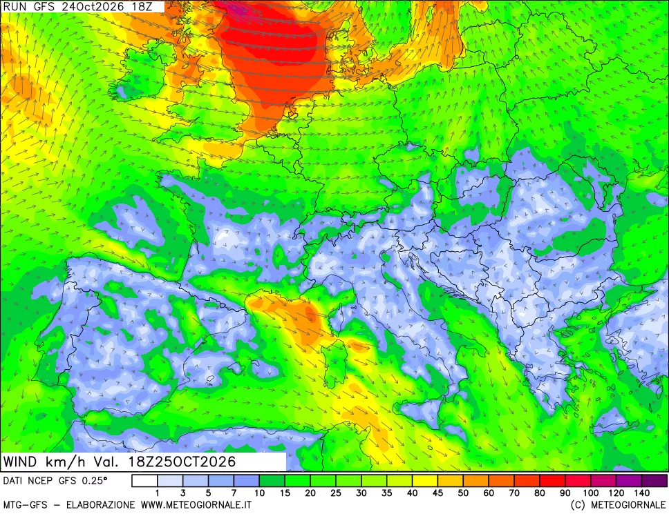 mappa 10 m Vento forza e direzione