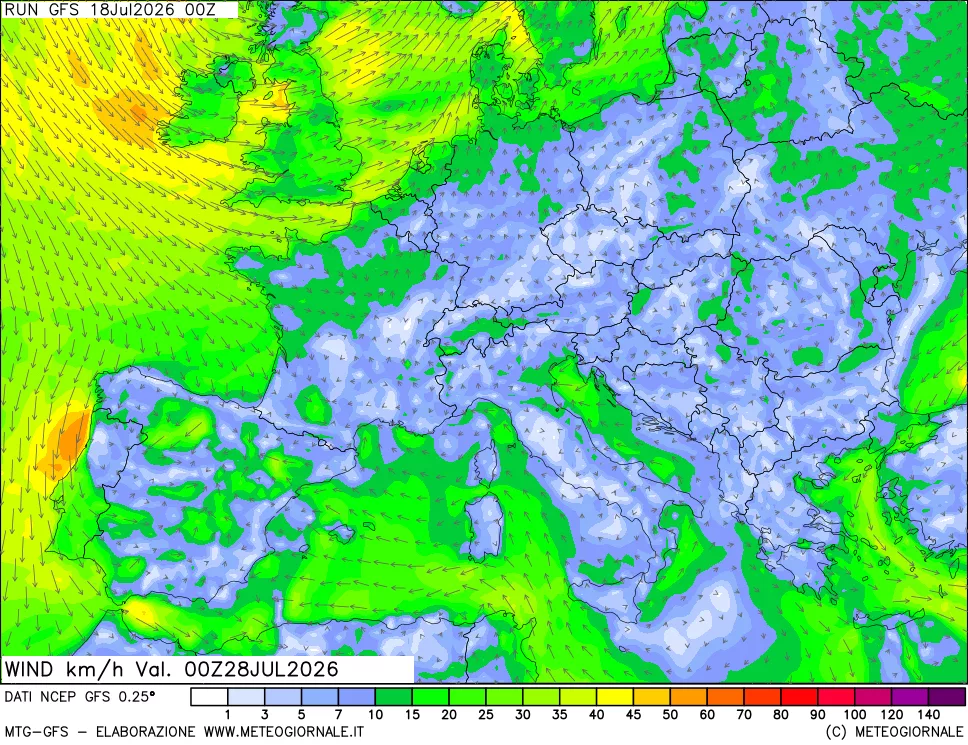 mappa 10 m Vento forza e direzione