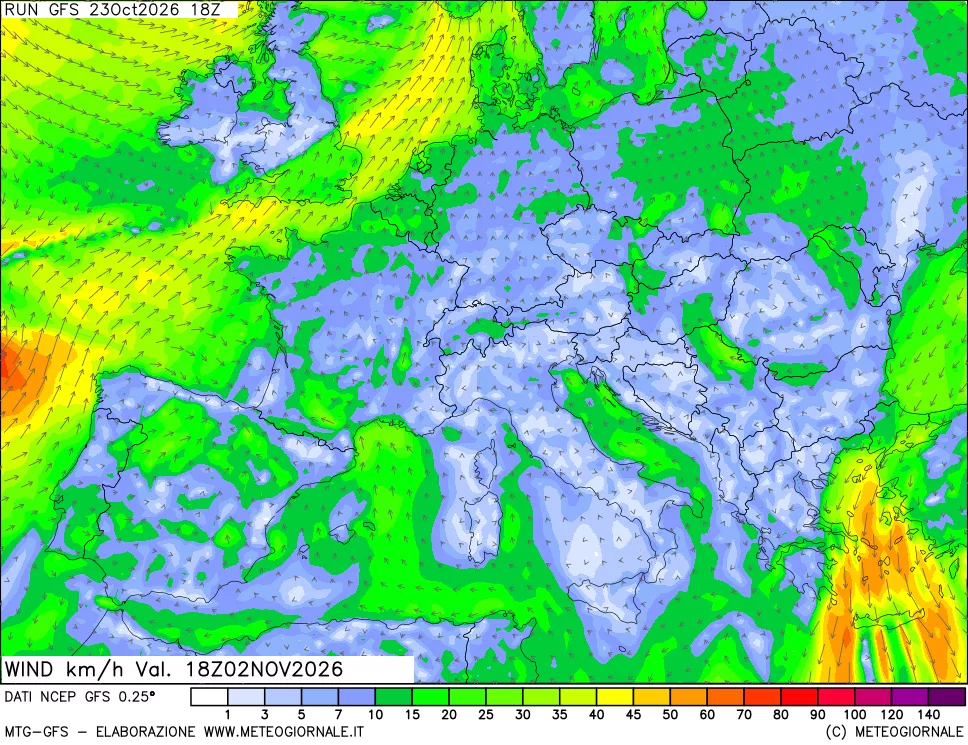mappa 10 m Vento forza e direzione