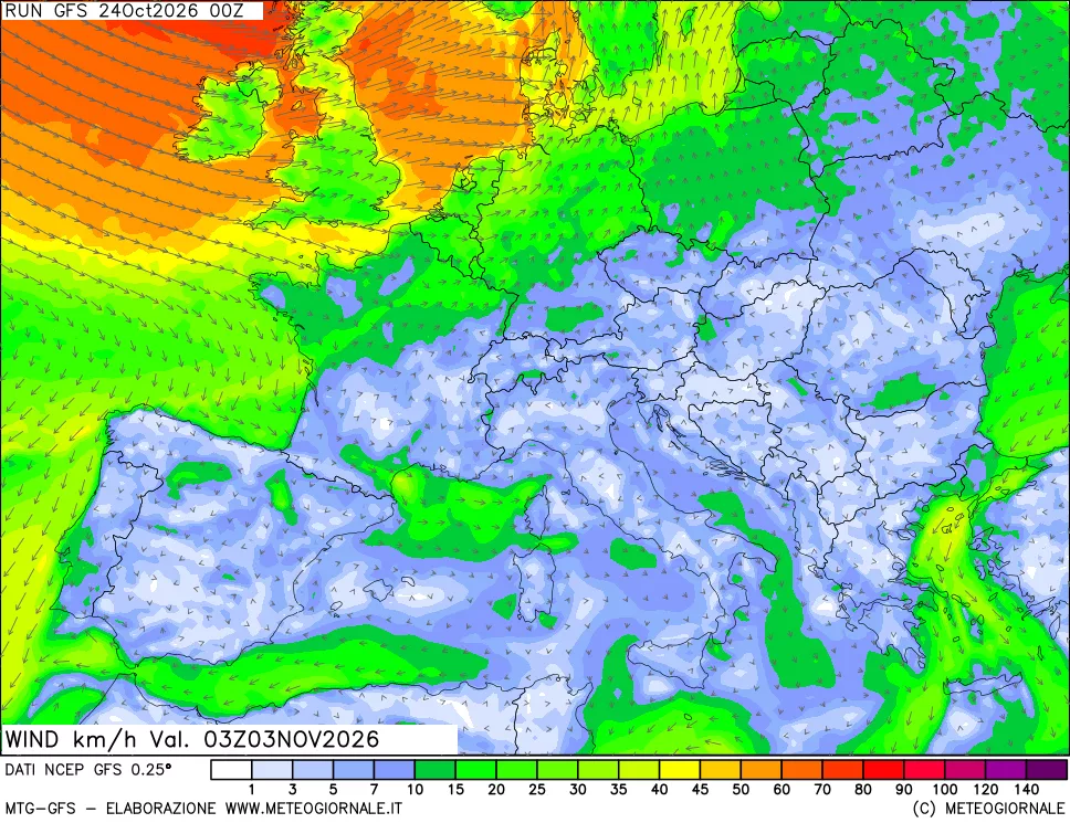 mappa 10 m Vento forza e direzione