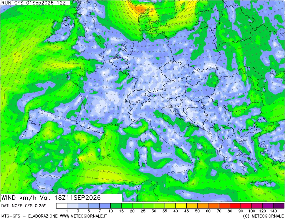 mappa 10 m Vento forza e direzione