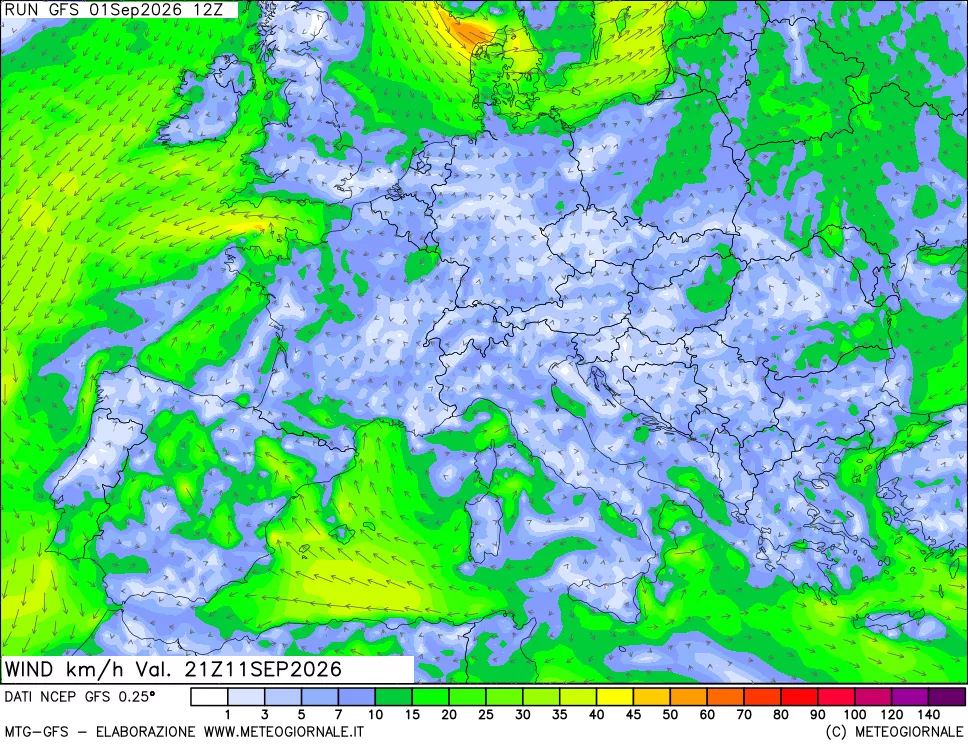 mappa 10 m Vento forza e direzione