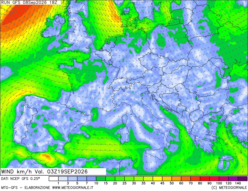 mappa 10 m Vento forza e direzione