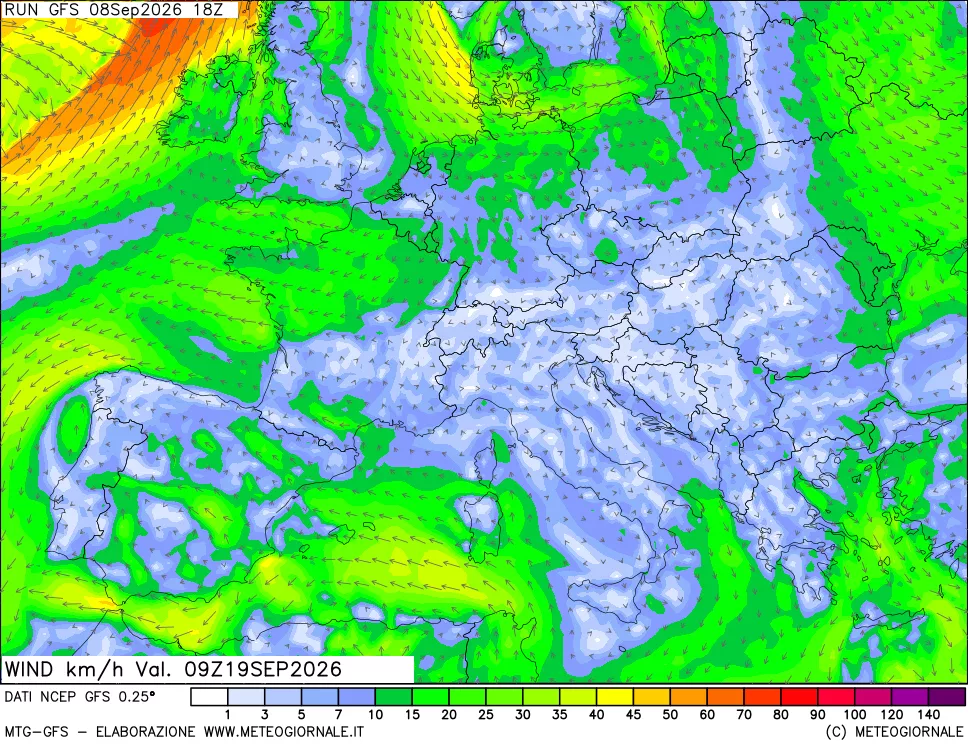 mappa 10 m Vento forza e direzione