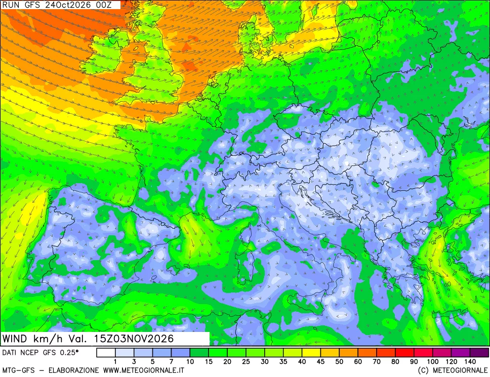 mappa 10 m Vento forza e direzione