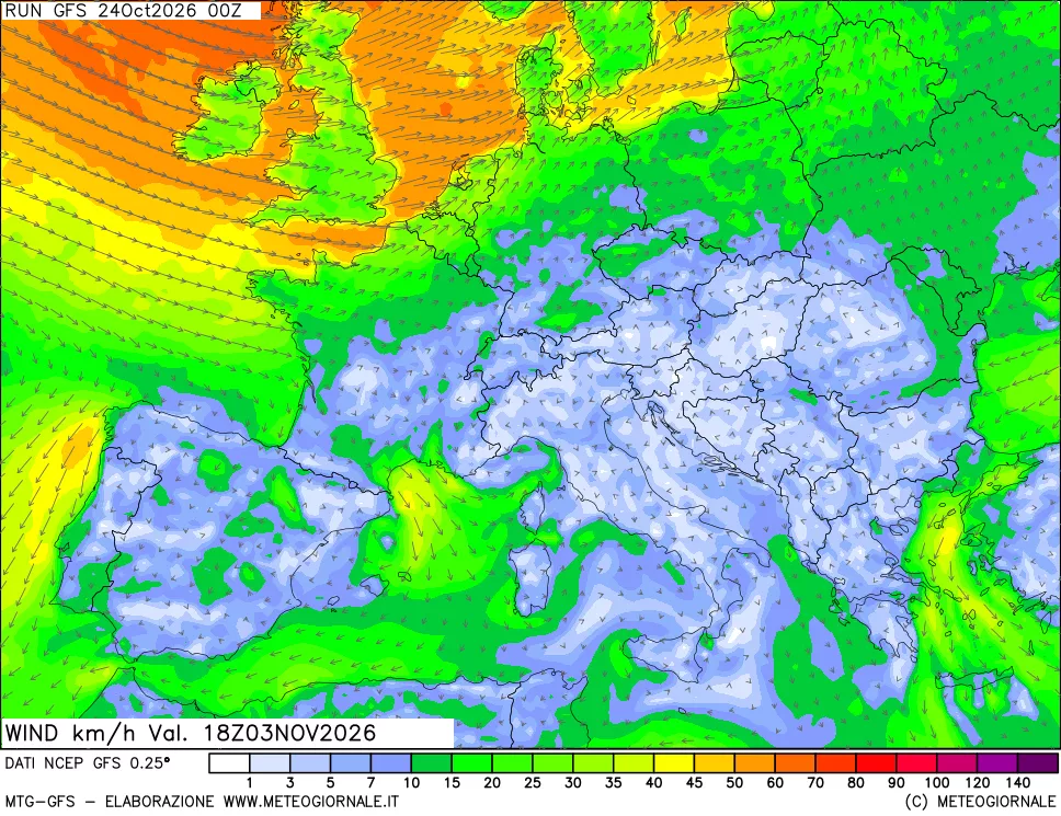 mappa 10 m Vento forza e direzione