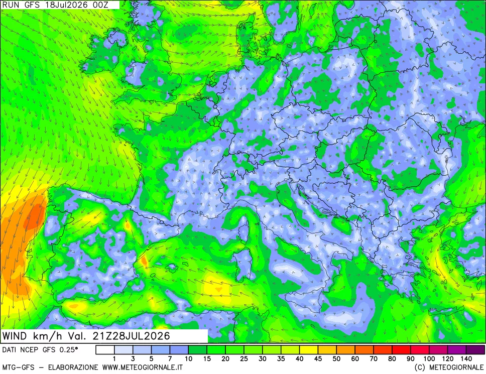 mappa 10 m Vento forza e direzione
