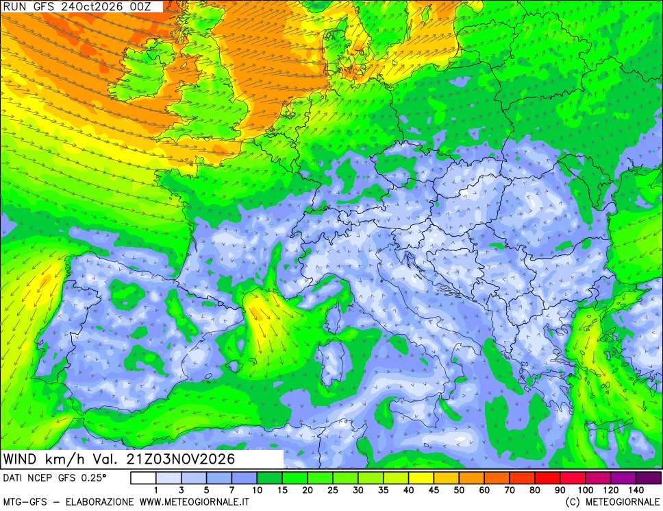 mappa 10 m Vento forza e direzione