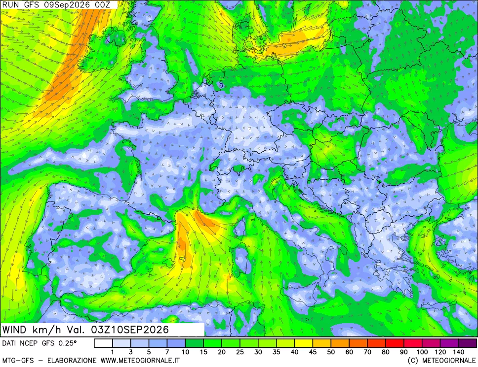 mappa 10 m Vento forza e direzione