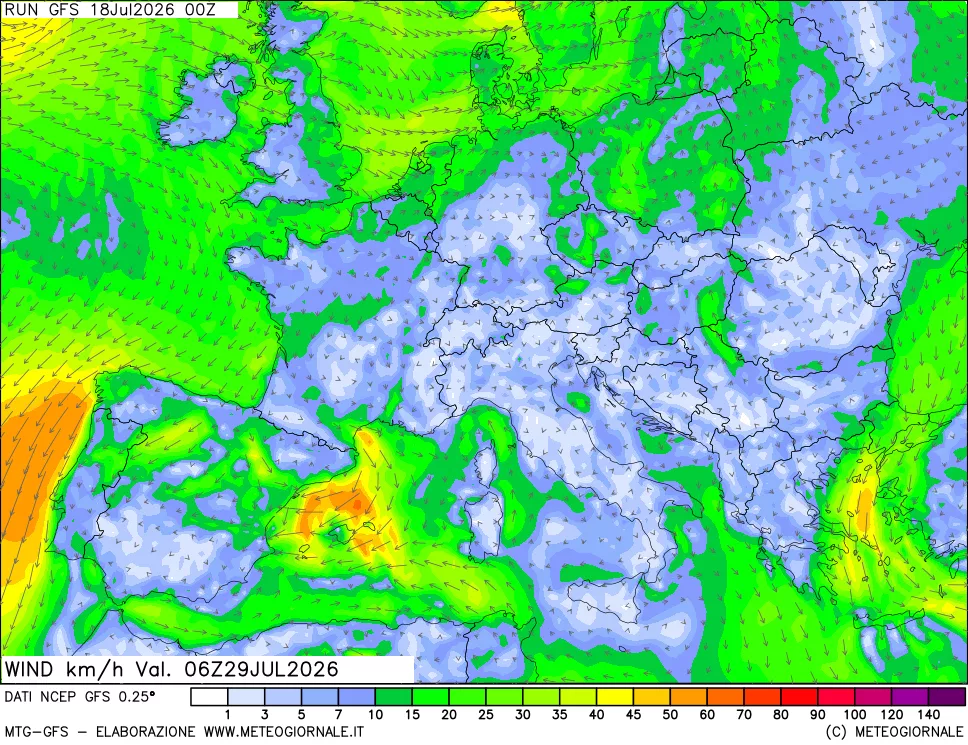mappa 10 m Vento forza e direzione