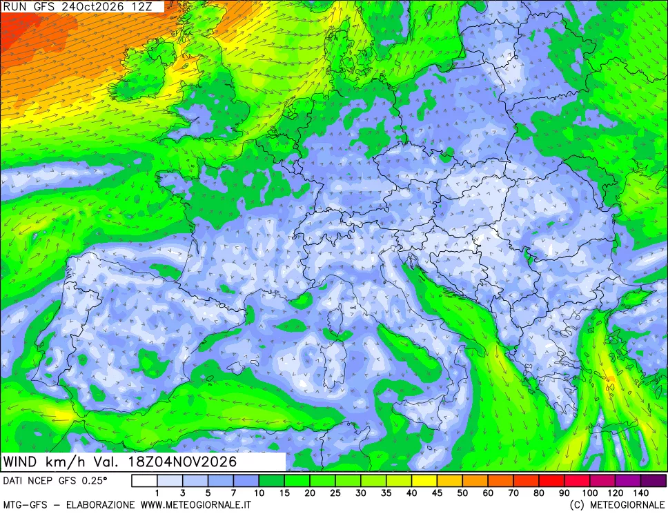 mappa 10 m Vento forza e direzione