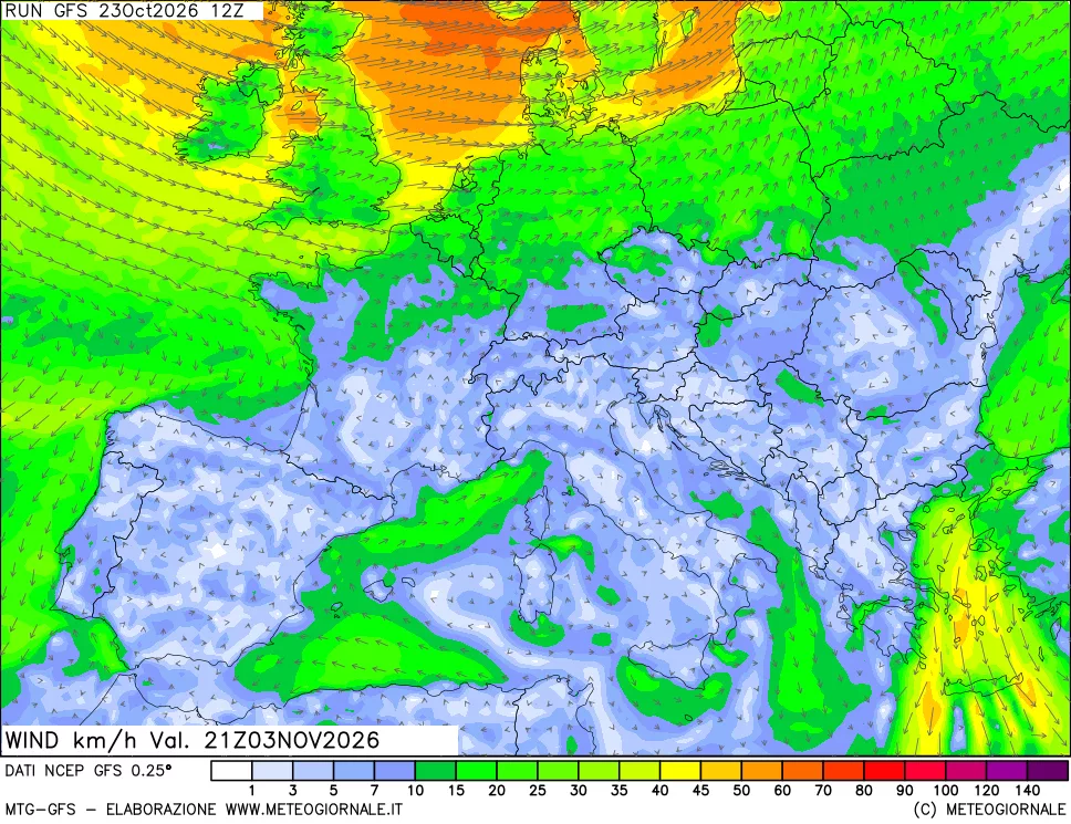 mappa 10 m Vento forza e direzione