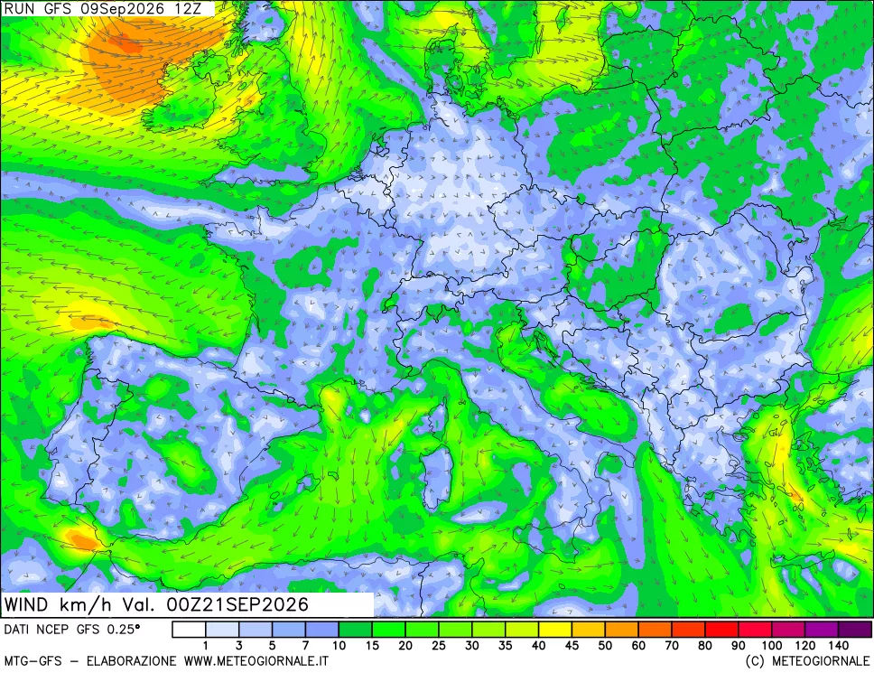 mappa 10 m Vento forza e direzione