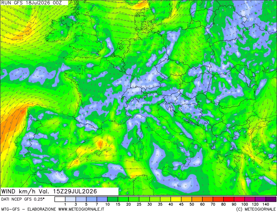 mappa 10 m Vento forza e direzione