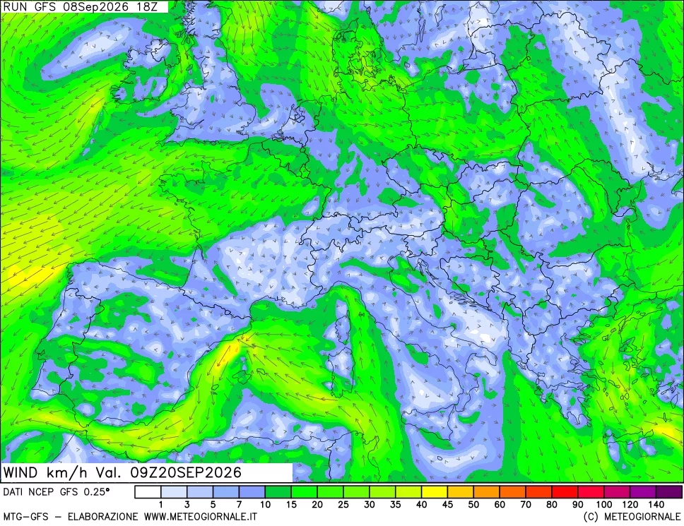 mappa 10 m Vento forza e direzione