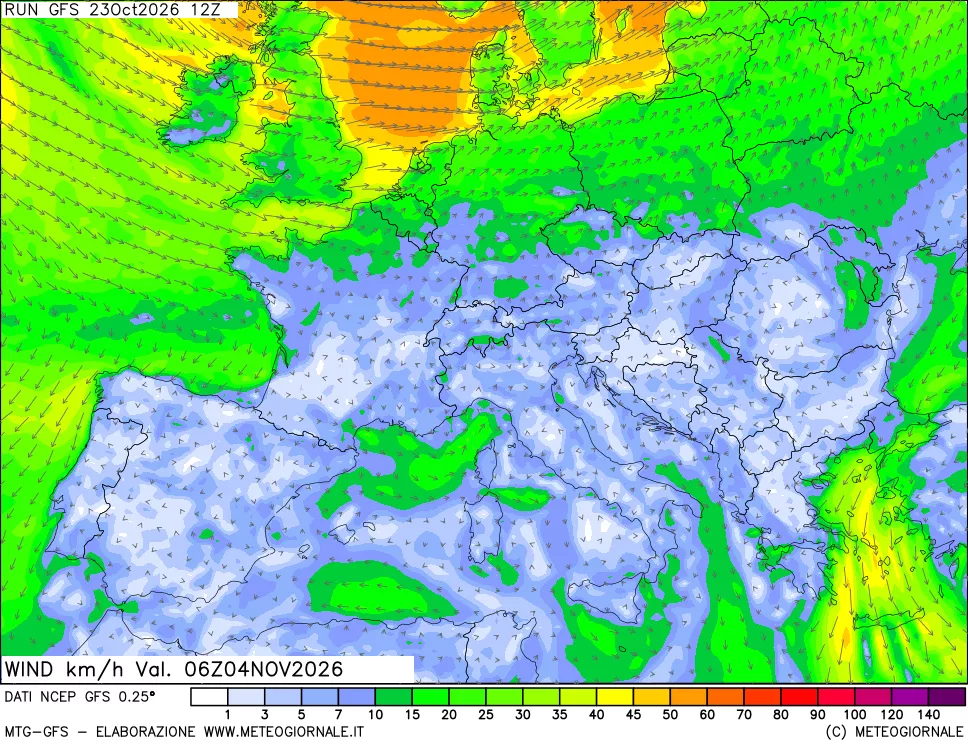 mappa 10 m Vento forza e direzione
