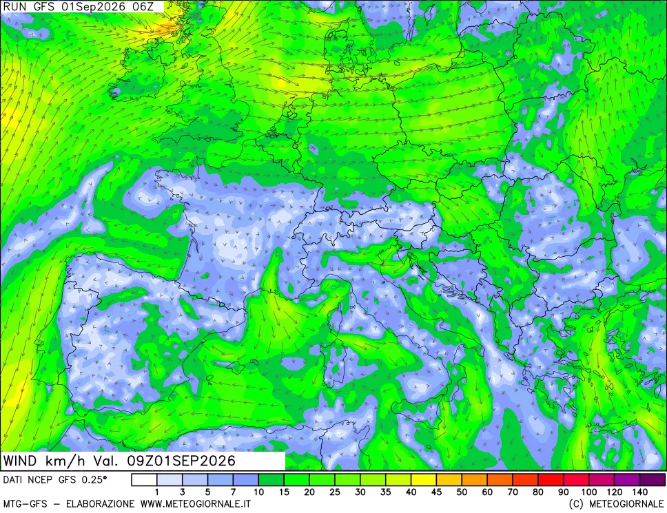mappa 10 m Vento forza e direzione