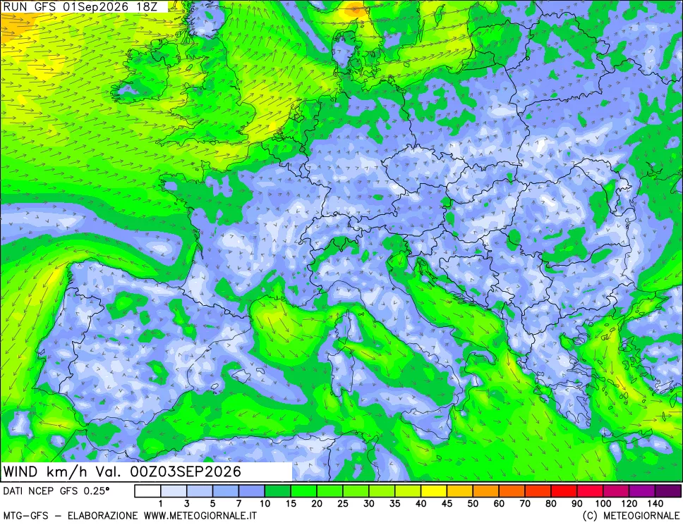 mappa 10 m Vento forza e direzione