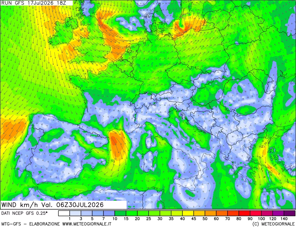 mappa 10 m Vento forza e direzione