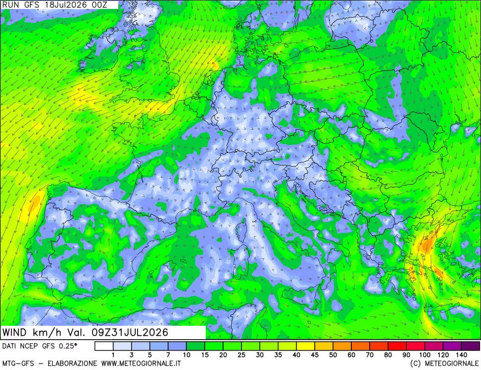 mappa 10 m Vento forza e direzione