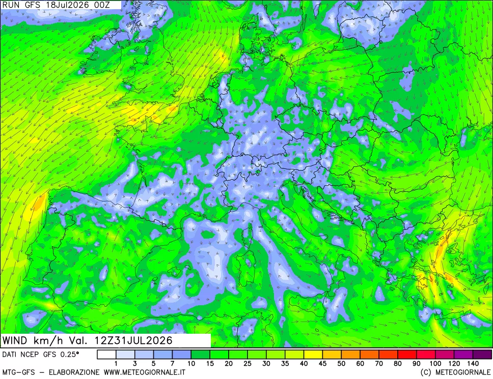 mappa 10 m Vento forza e direzione