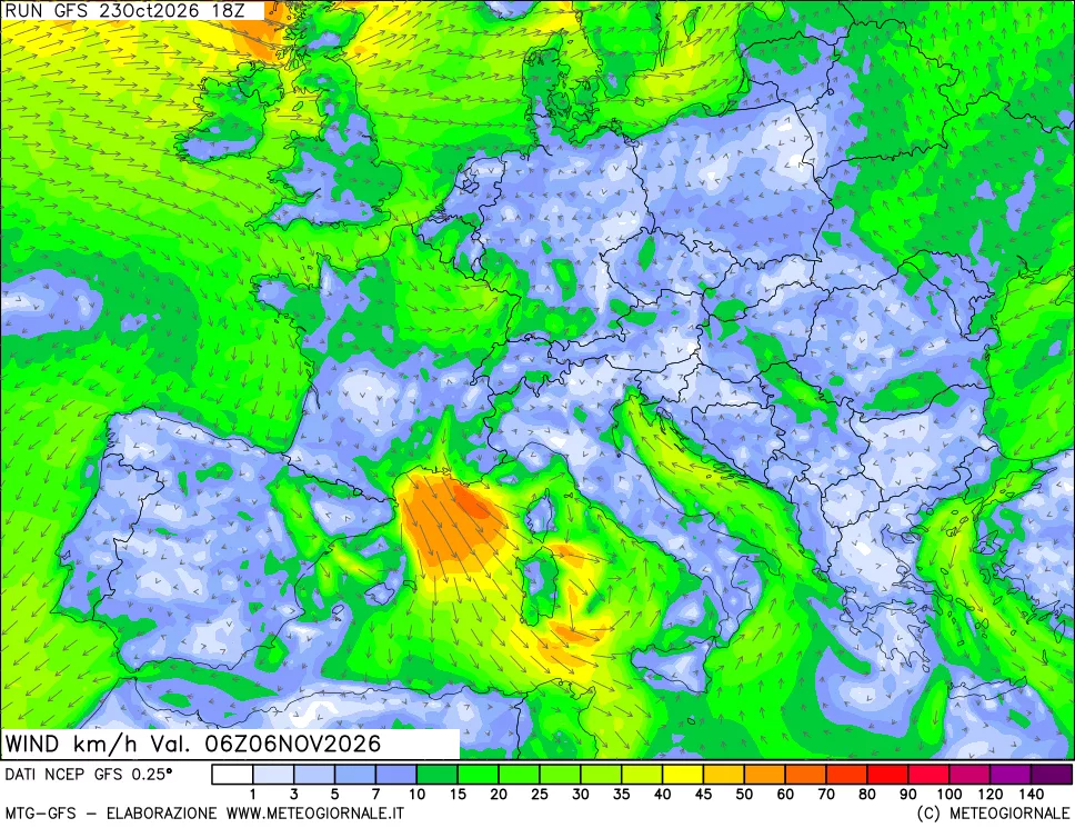 mappa 10 m Vento forza e direzione