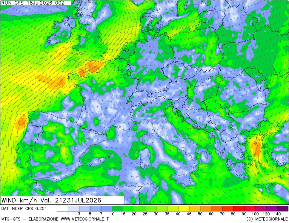mappa 10 m Vento forza e direzione