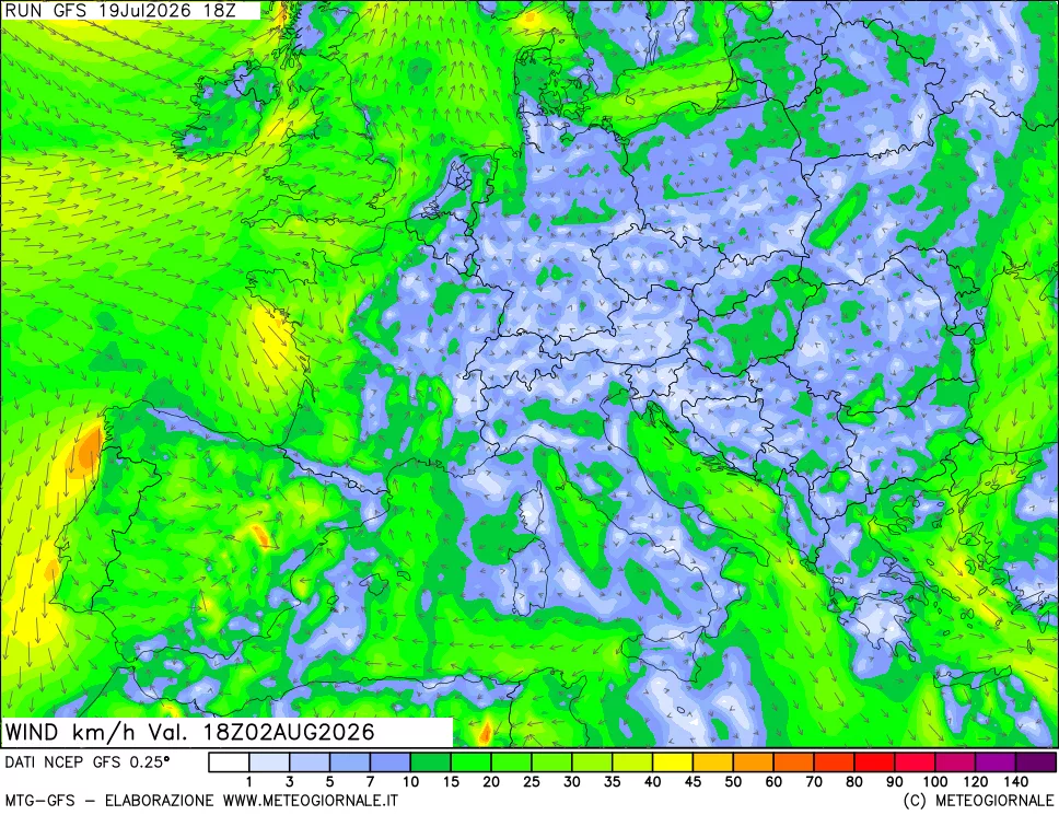 mappa 10 m Vento forza e direzione