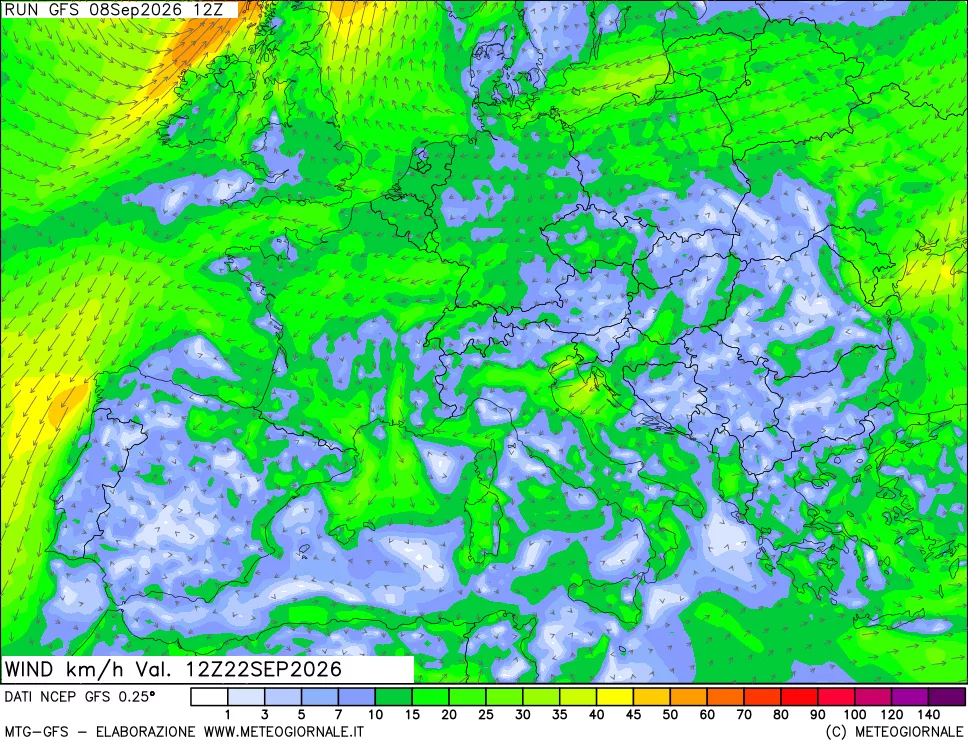 mappa 10 m Vento forza e direzione