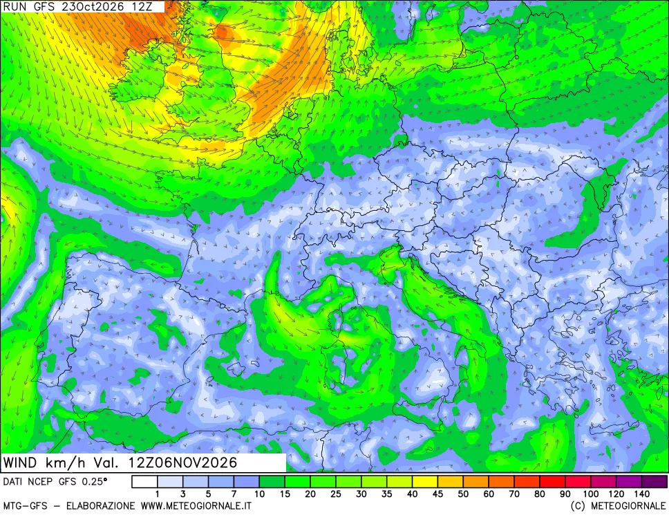 mappa 10 m Vento forza e direzione