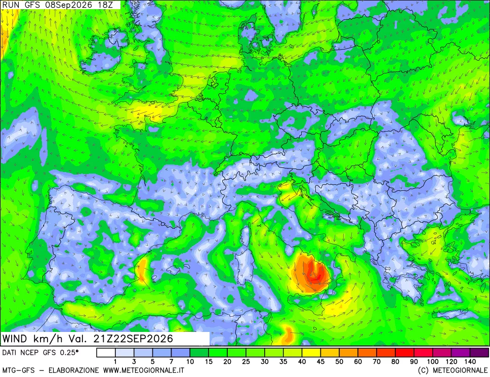 mappa 10 m Vento forza e direzione
