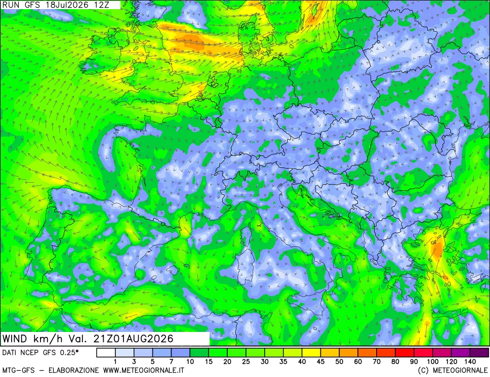 mappa 10 m Vento forza e direzione