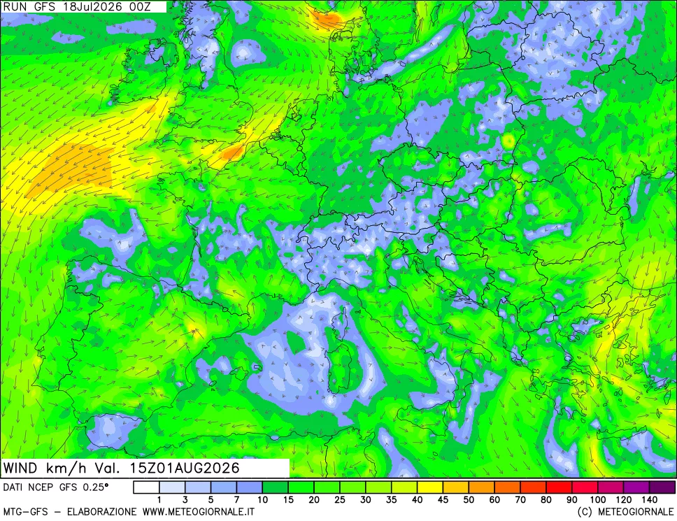mappa 10 m Vento forza e direzione