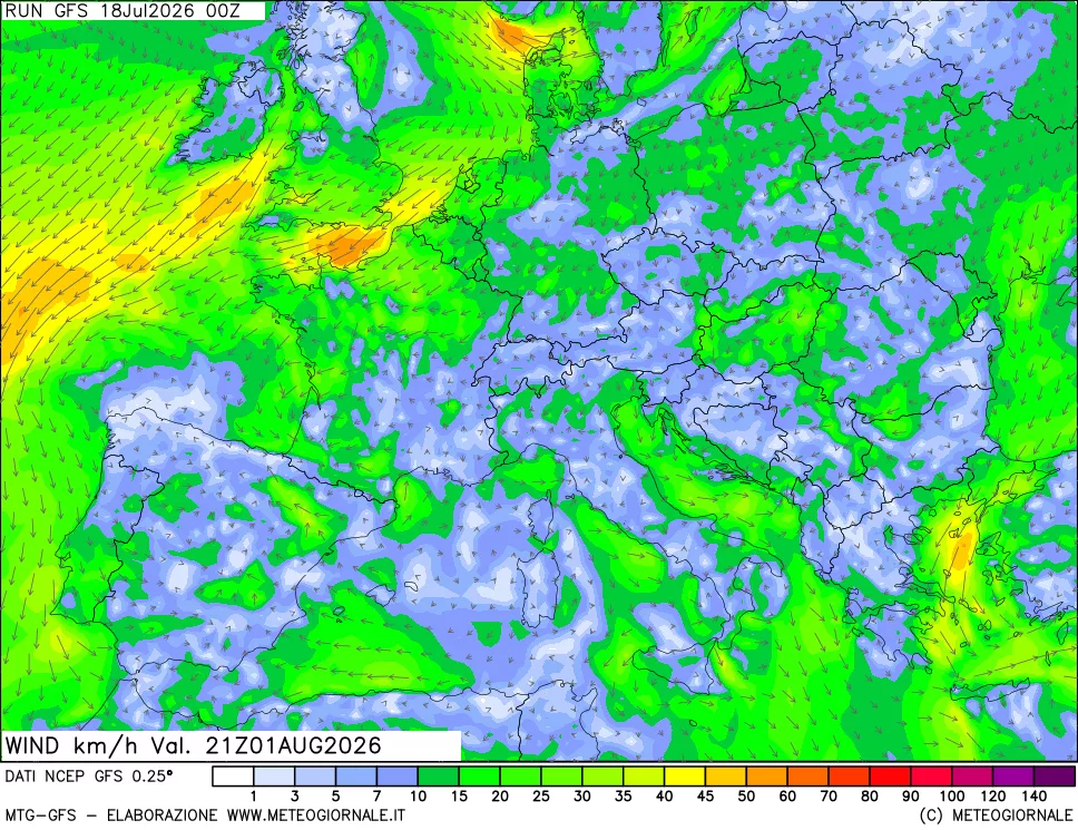mappa 10 m Vento forza e direzione