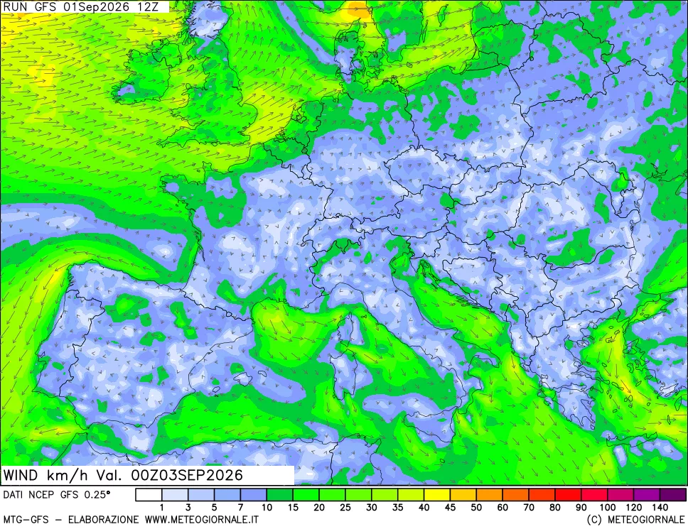 mappa 10 m Vento forza e direzione