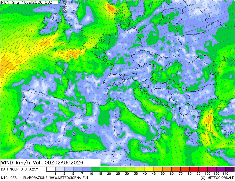 mappa 10 m Vento forza e direzione